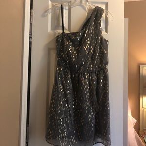 One shoulder charcoal, metallic pock-a dot dress